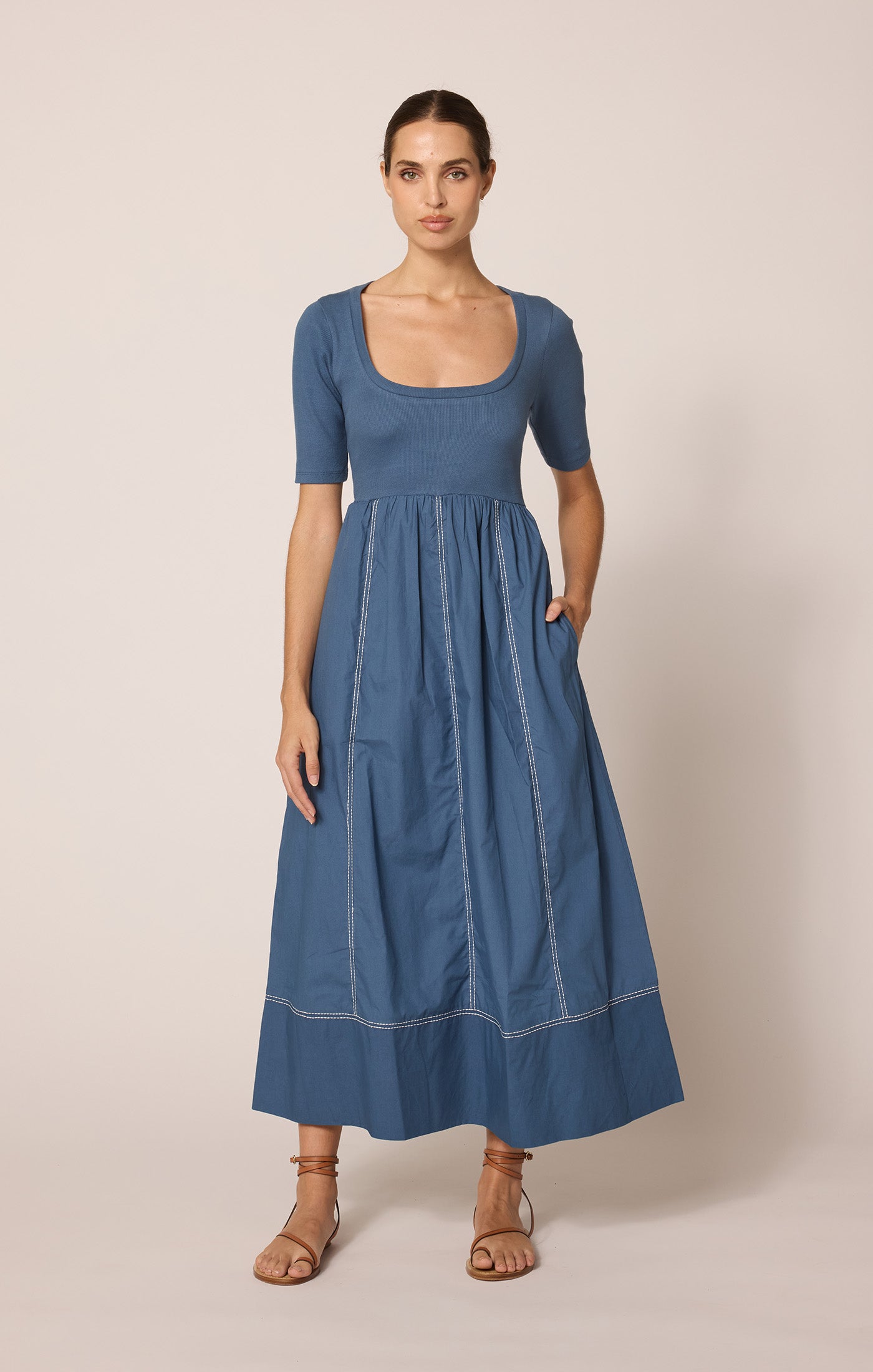 Ankle Dress | Dual Fabric Composition | Cleobella Luna Bluefin M