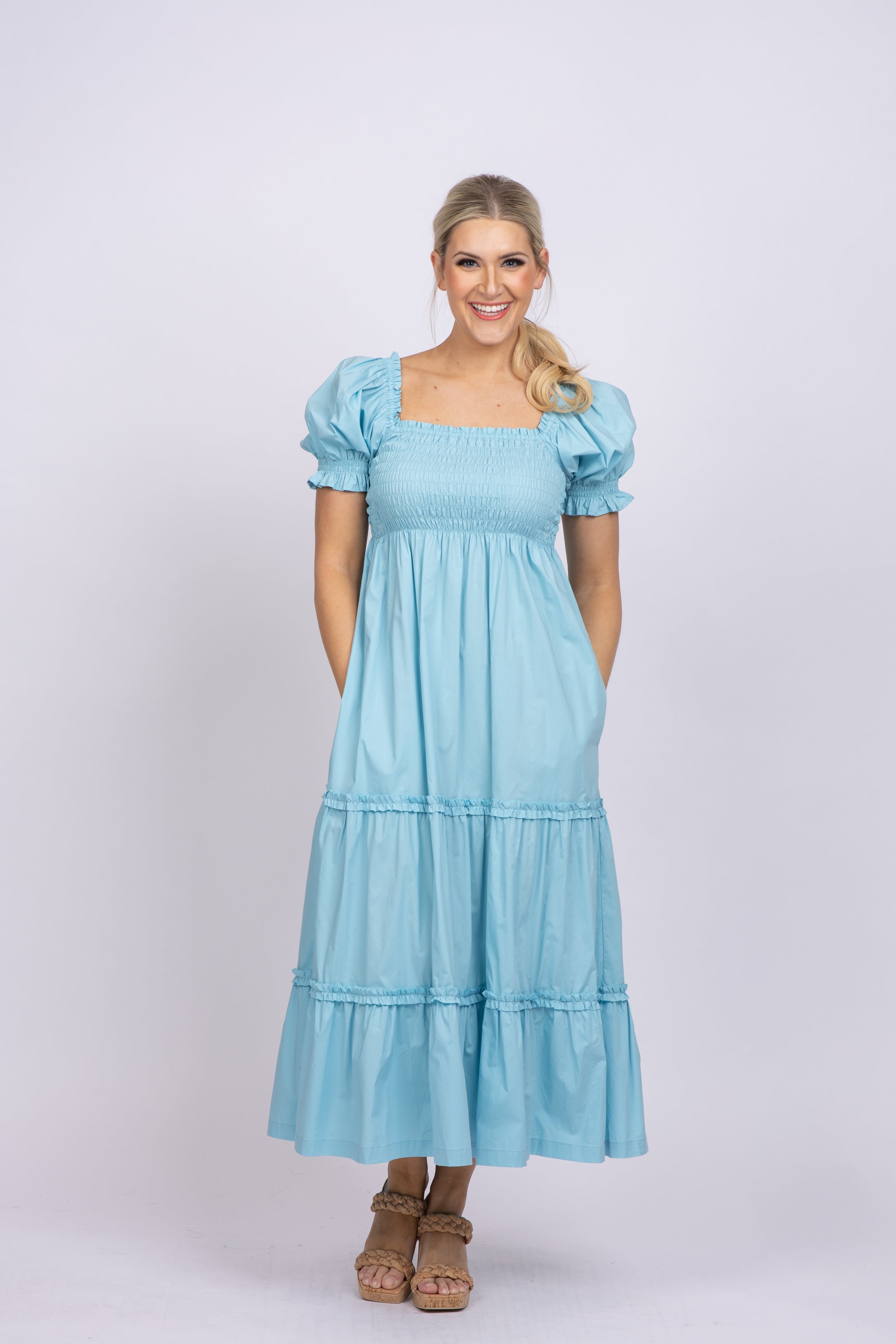knee length dresses for ladies Baltic Born Womens Lovell Smocked Midi Dress | Midnight Blue