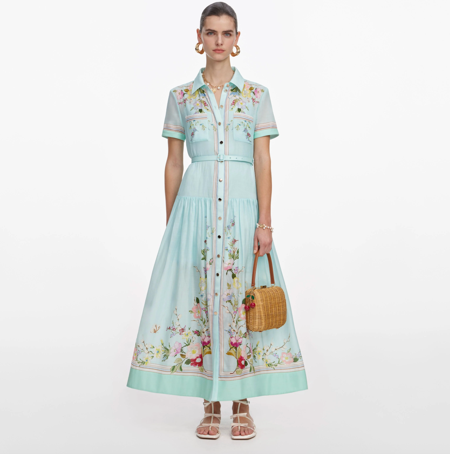 SELF-PORTRAIT Mint Floral Organza Midi Dress in Green