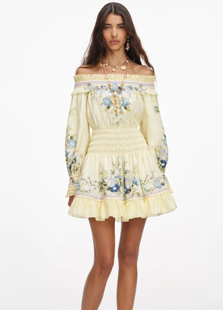 self portrait yellow dress SELF-PORTRAIT Yellow Floral Organza Ruffle Mini Dress in Yellow