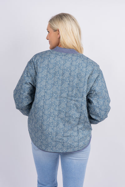 The Great. The Reversible Quilted Bomber in Blue Floral Mottled Wash