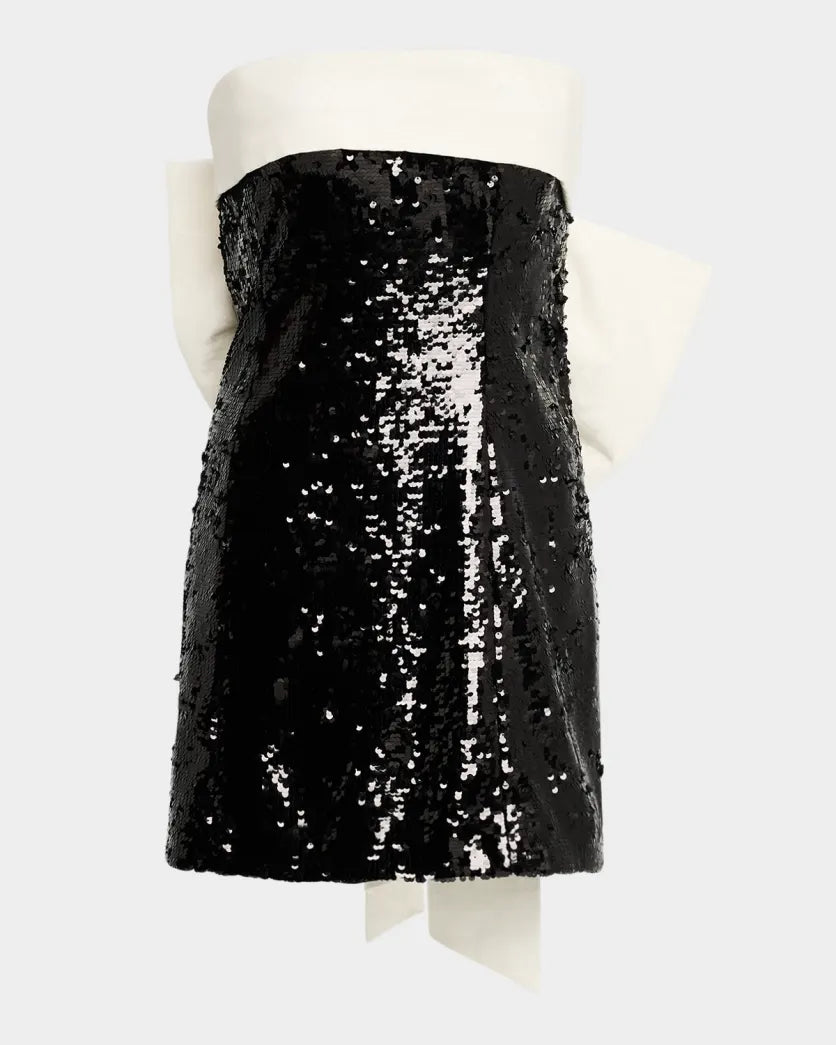 Alice + Olivia Sibella Sequin Strapless Draped Bow Back Dress