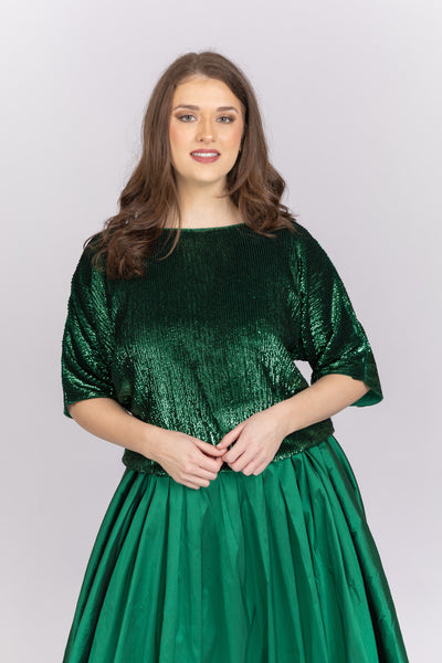 Emily Shalant Sequin Blouson with Dolman Sleeves in Emerald