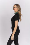 Emily Shalant Puff Sleeve Jeweled Mock-neck Top with Mini Bows in Black Emerald