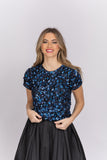 Emily Shalant Crunchy Flower Hand Beaded Top in Blue