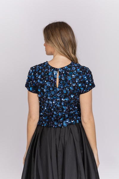Emily Shalant Crunchy Flower Hand Beaded Top in Blue
