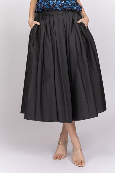 Emily Shalant Taffeta Tea Length Midi Skirt in Black