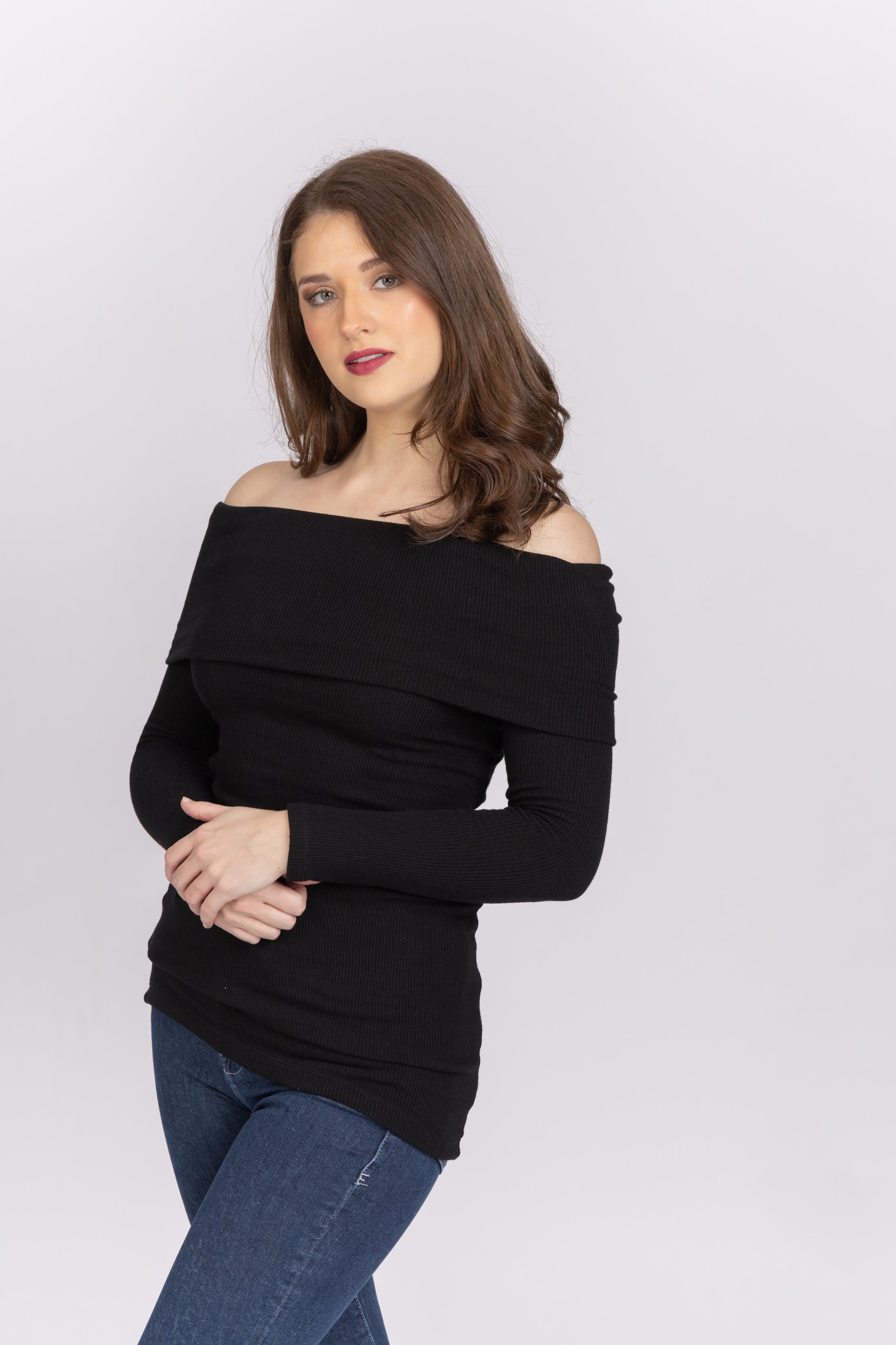 Enza Costa Off The Shoulder Long Sleeve Rib Knit Top in Black