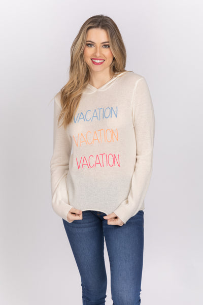 Golden Sun Vacation Cashmere Sweater With Hood in White Multi