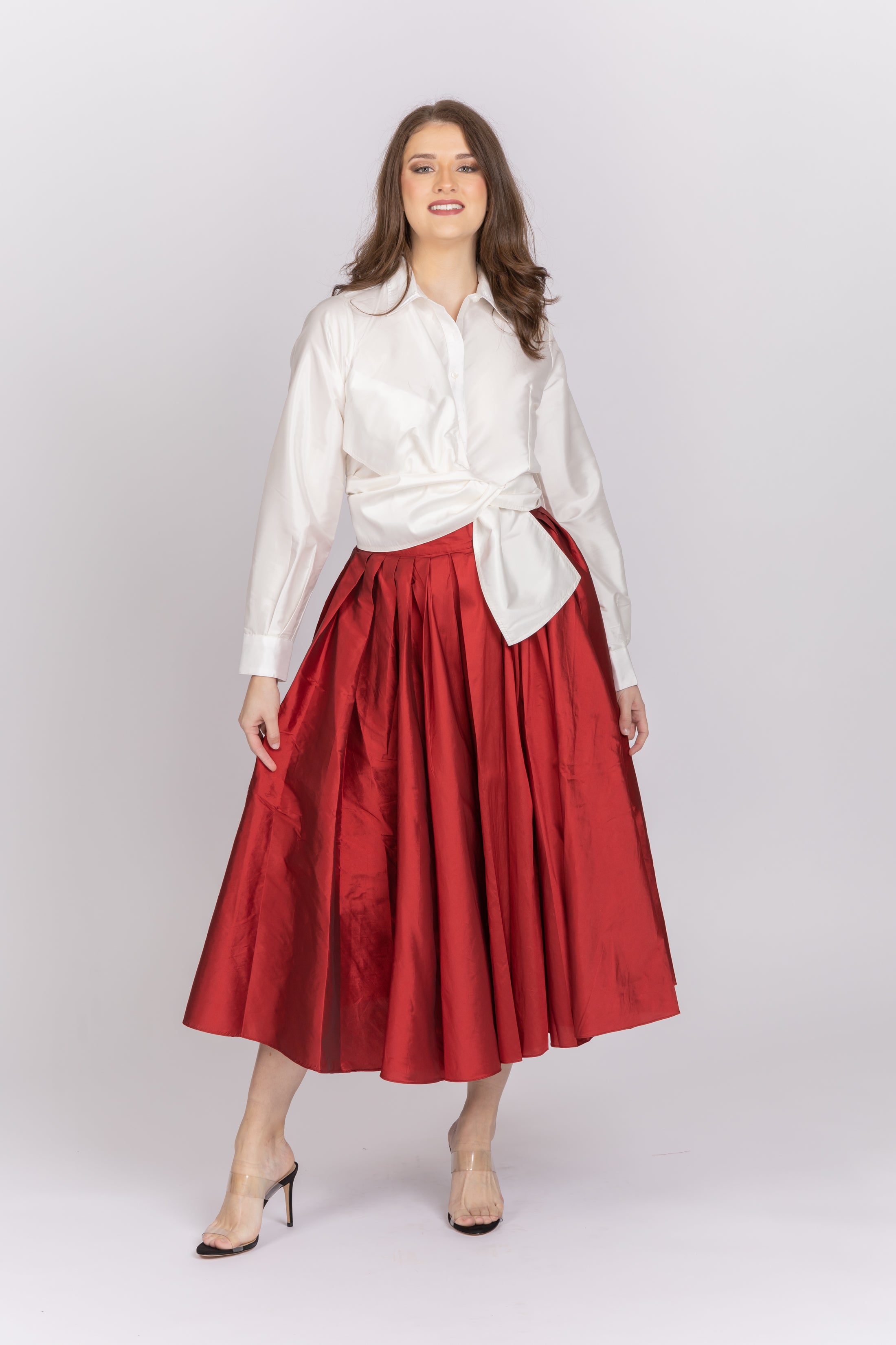 Emily Shalant Taffeta Tea Length Midi Skirt in Red CoatTails