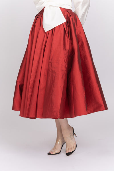 Emily Shalant Taffeta Tea Length Midi Skirt in Red