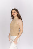 Emily Shalant Pearl Encrusted Sleeveless Mock Neck Top in Champagne