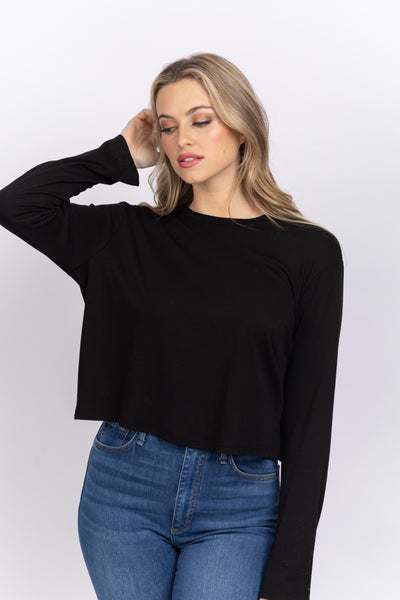 Enza Costa Knit Long Sleeve Fitted Crew in Black