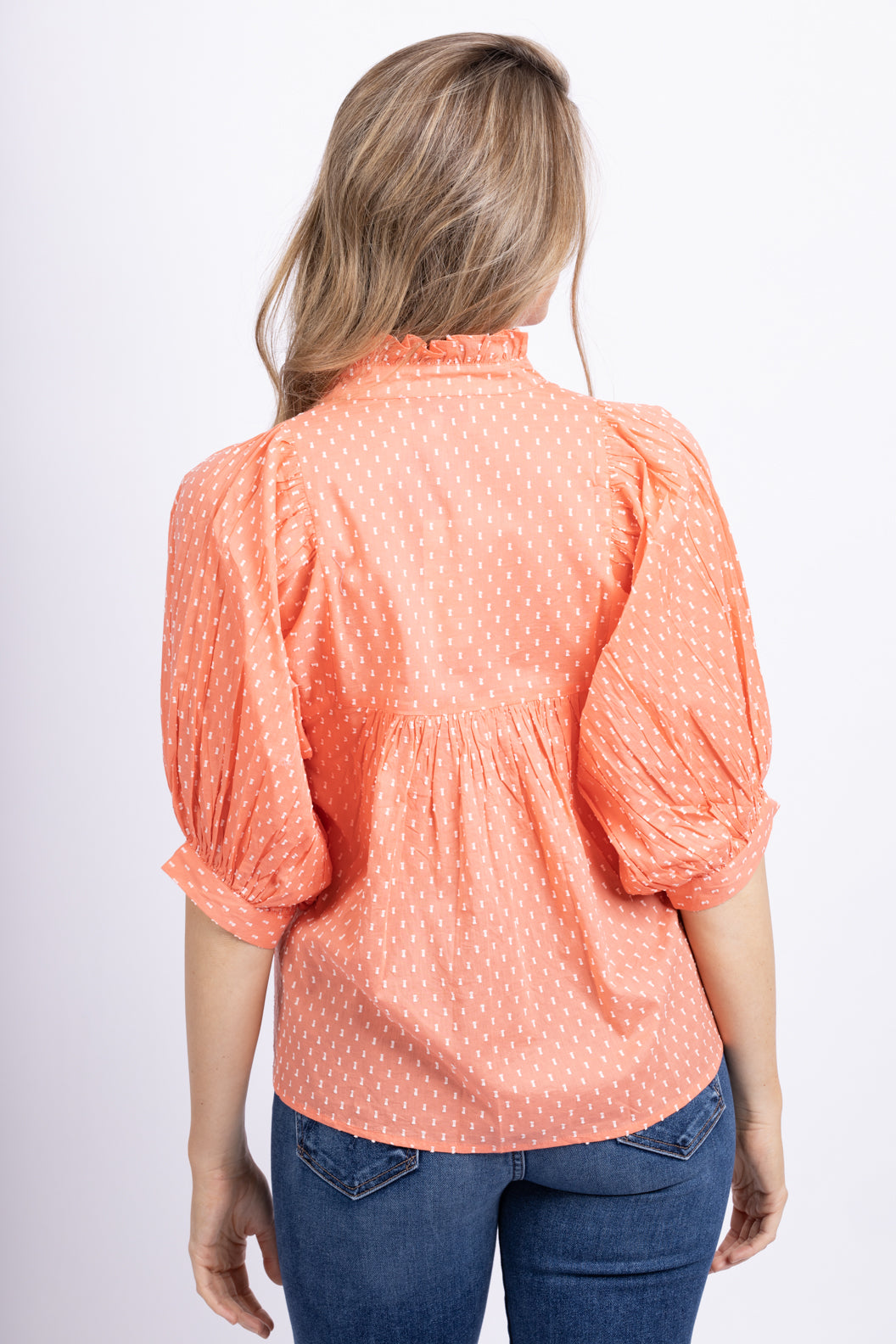 Never a Wallflower Coral Swiss Dot High Neck Top