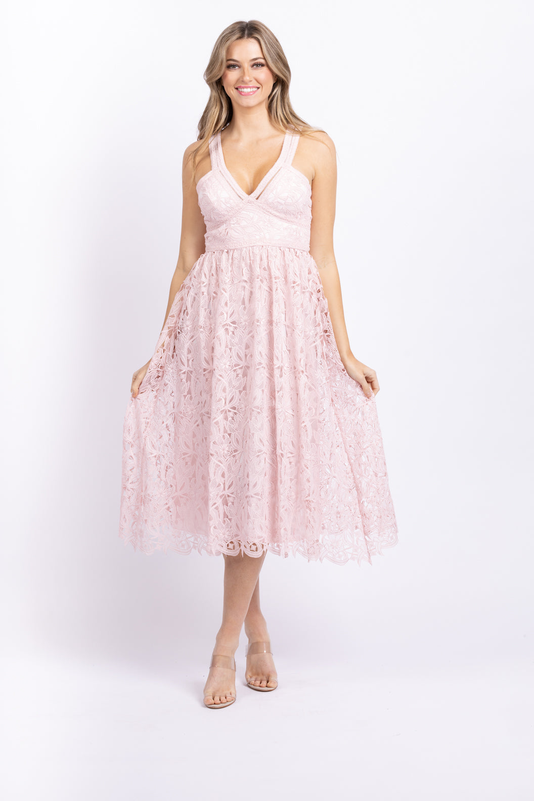 ML Monique Lhuillier Lace Midi Dress in Rose Quartz ML Monique Lhuillier Lace Midi Dress in Rose Quartz